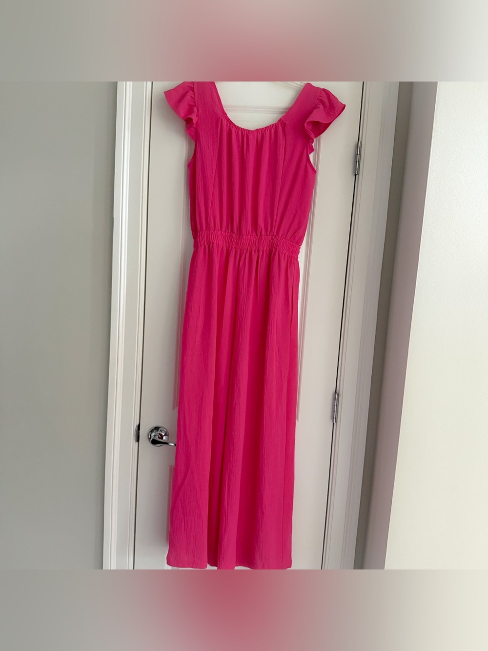 Like New Women’s Pink Jumpsuit with Drawstring Waist & Ruffle Sleeves, Medium - Picture 6 of 7